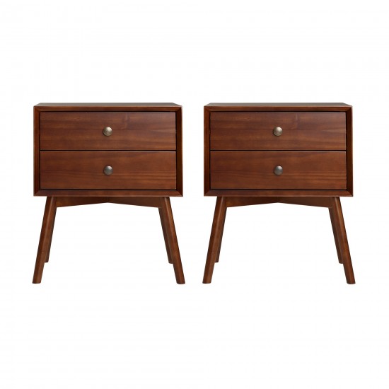 Mid Century Modern 2-Piece 2 Drawer Solid Wood Nightstand Set - Walnut