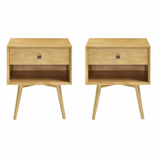 2 Piece 1-Drawer Mid-Century Solid Wood Nightstand - Light Oak