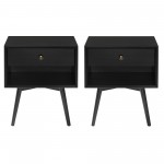 2 Piece 1-Drawer Mid-Century Solid Wood Nightstand - Black