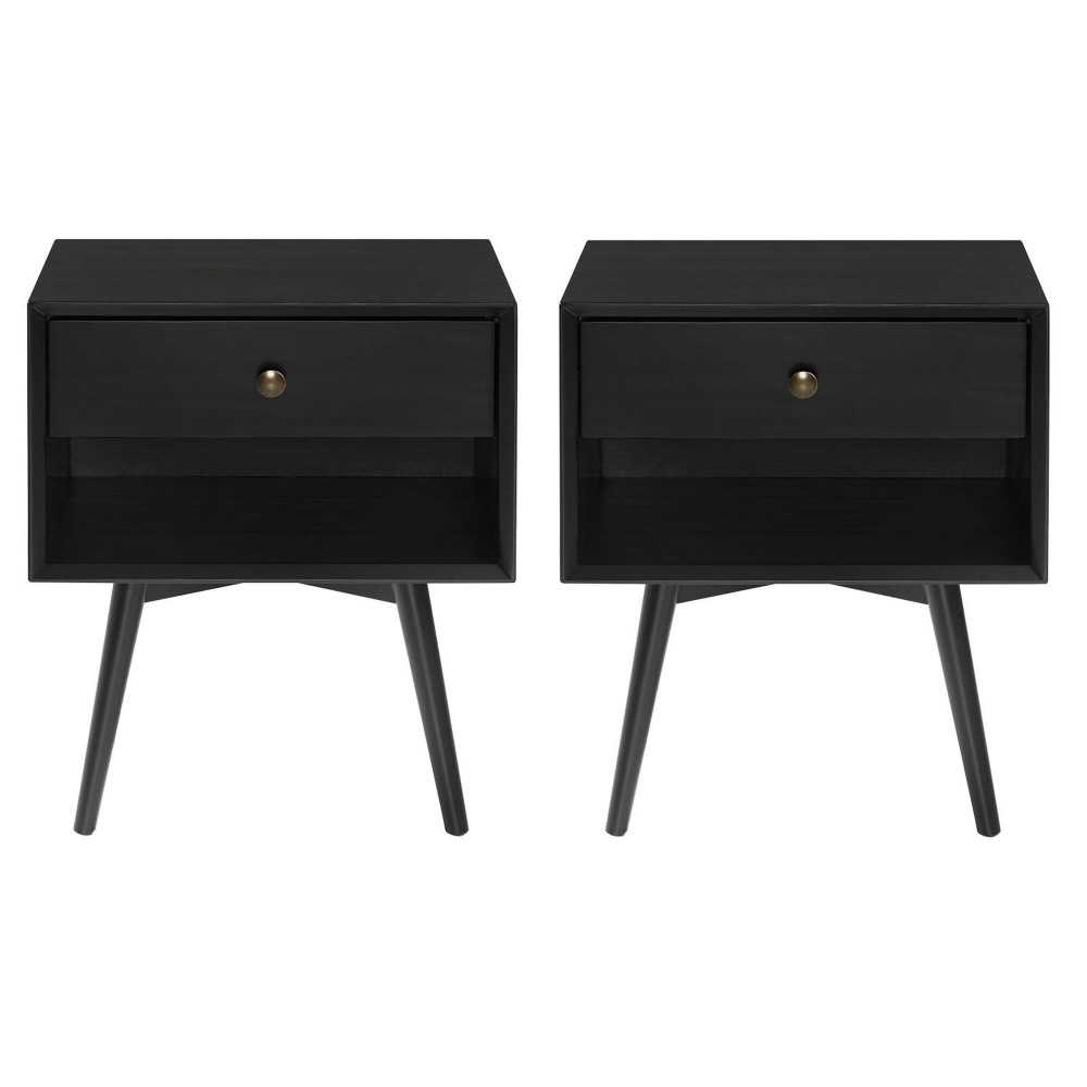 2 Piece 1-Drawer Mid-Century Solid Wood Nightstand - Black