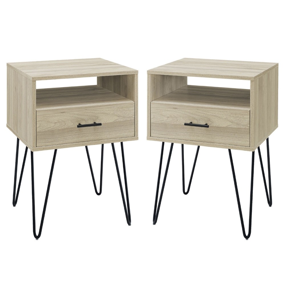 Croft Hairpin Leg 1 Drawer Side Table Set - Birch