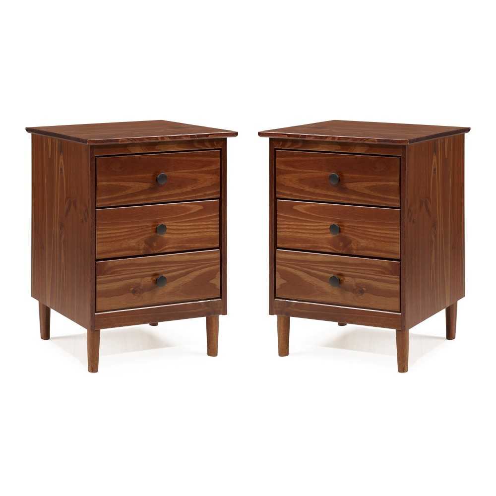 2 Pack 3 Drawer Solid Wood Nightstands- Walnut