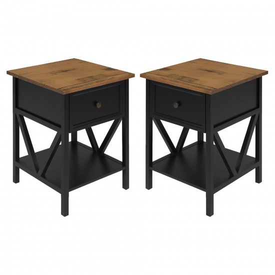 Rustic V-Frame Side Table Set – Rustic Oak/Black