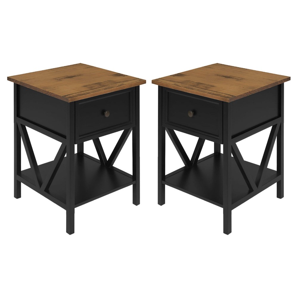 Rustic V-Frame Side Table Set – Rustic Oak/Black