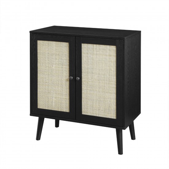 Boho 2 Door Solid Wood and Rattan Accent Cabinet – Black