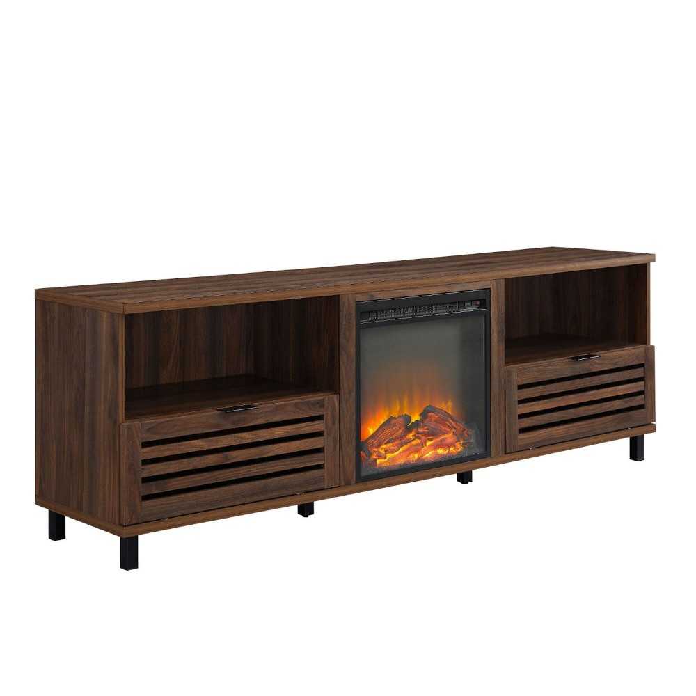 Modern Pull-Down Slat-Door Fireplace TV Stand for TVs up to 80” – Dark Walnut