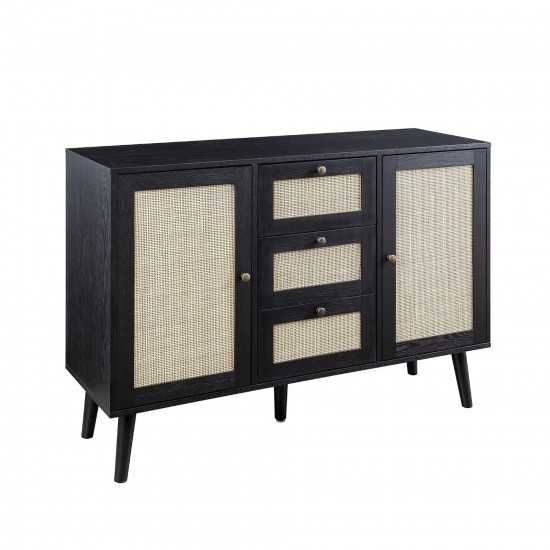 Boho 3 Drawer Solid Wood and Rattan Sideboard – Black