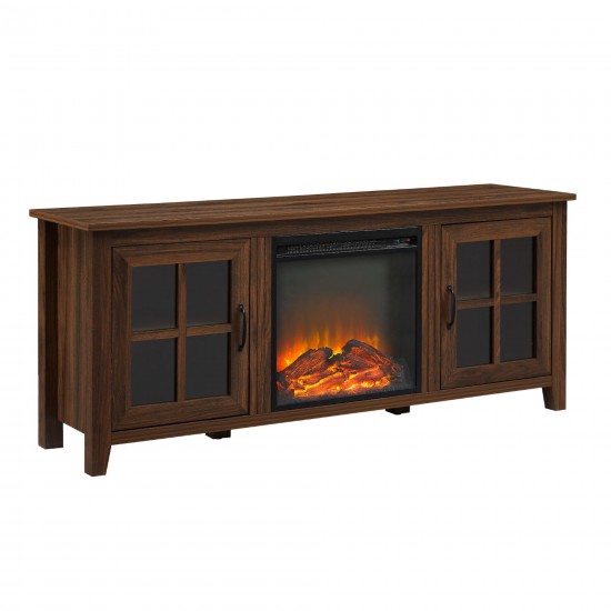 58" Windowpane Glass-Door Fireplace TV Stand for TVs up to 65” – Dark Walnut