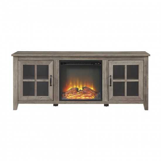 Classic Windowpane Glass-Door Fireplace TV Stand for TVs up to 65” – Grey Wash