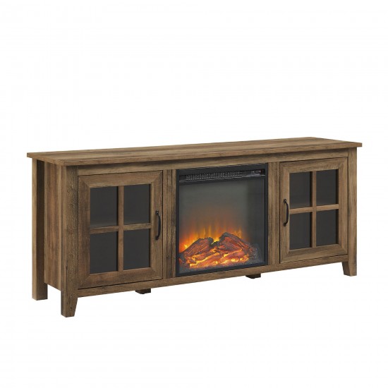 Classic Windowpane Glass-Door Fireplace TV Stand for TVs up to 65” – Rustic Oak