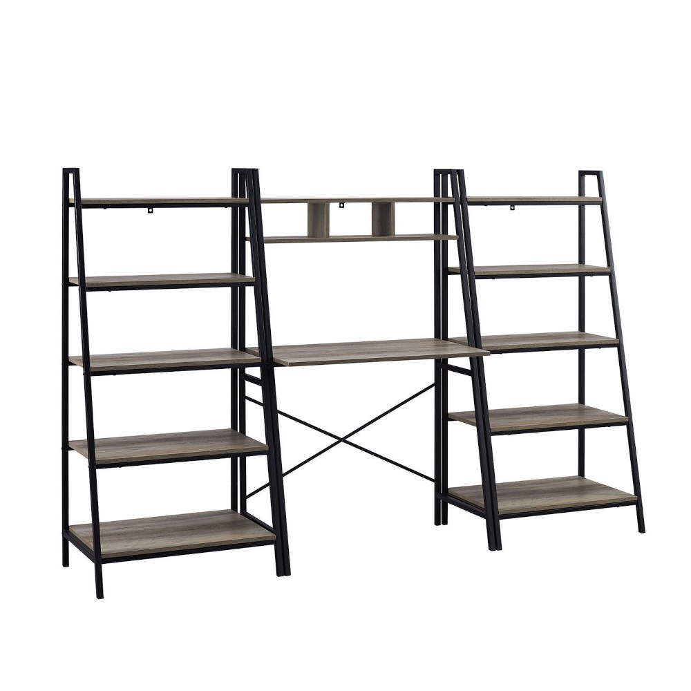 Modern 3-Piece Industrial Metal and Wood Desk and Bookshelf Set – Grey Wash