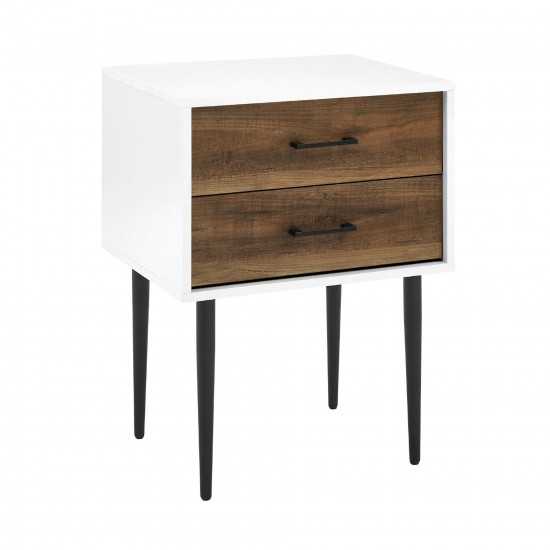 Mid-Century Modern 2-Drawer Tapered-Leg Nightstand – White/Rustic Oak