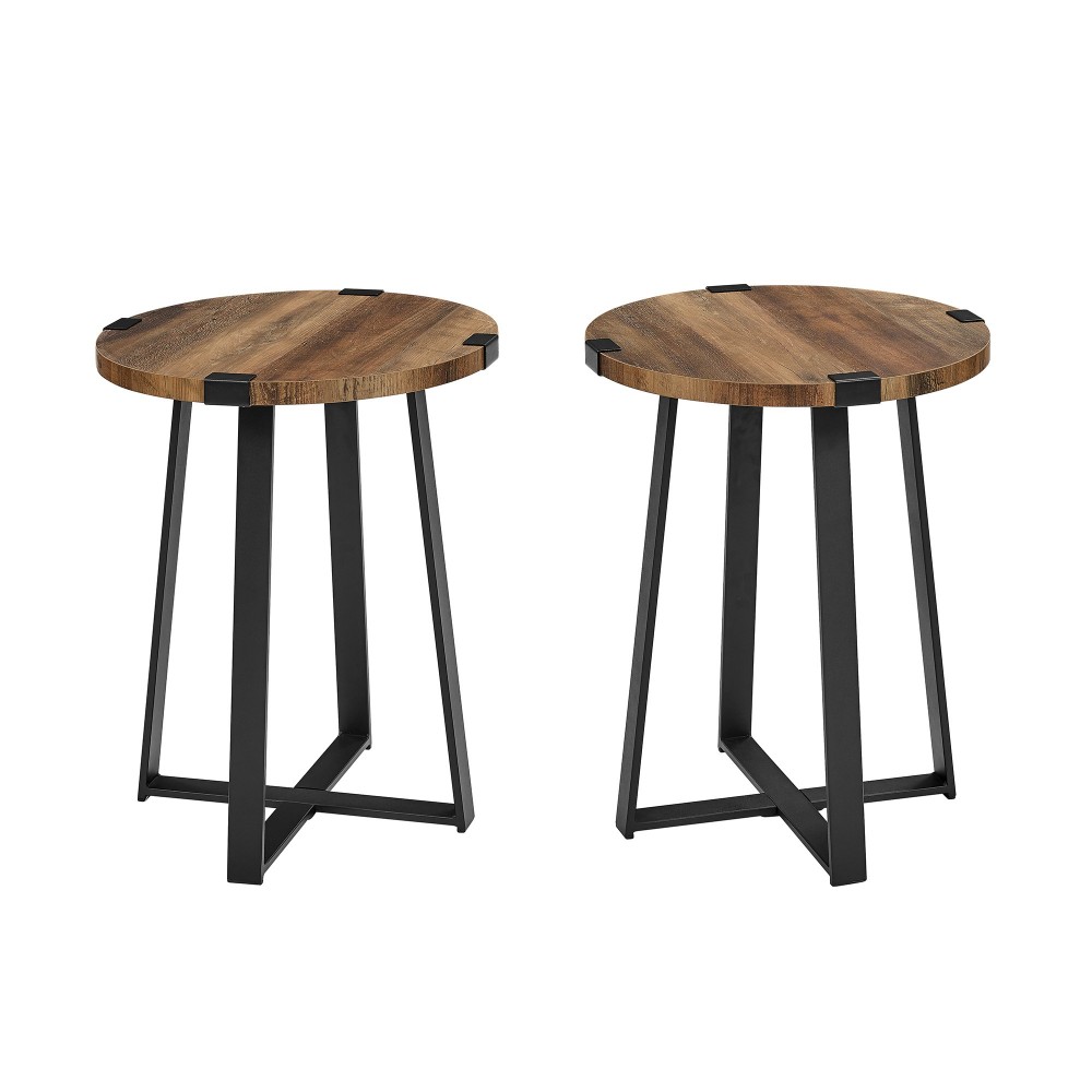 Modern Industrial 2-Piece Metal Wrap Side Table Set – Rustic Oak