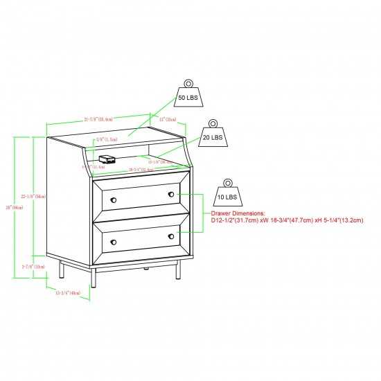 22" Curved Open Top 2 Drawer Nightstand with USB - Birch