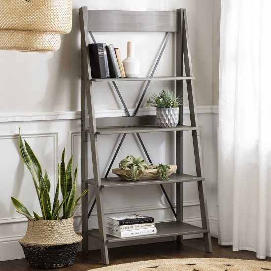 Frankie 68" Solid Wood Ladder Bookshelf - Grey