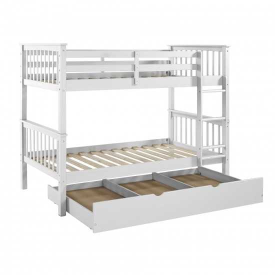 Solid Wood Twin Bunk Bed with Trundle Bed - White