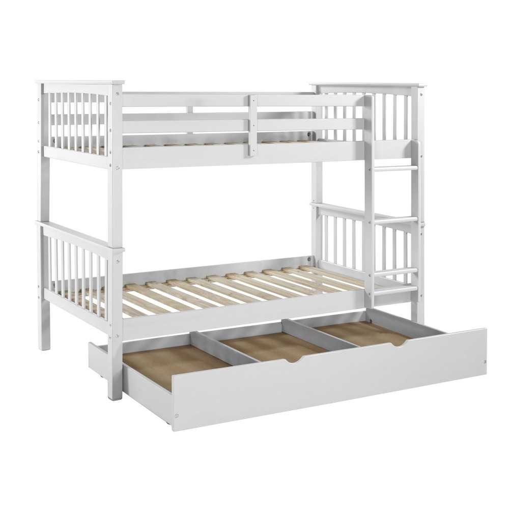 Solid Wood Twin Bunk Bed with Trundle Bed - White
