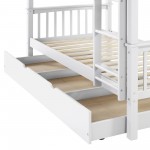 Solid Wood Twin Bunk Bed with Trundle Bed - White