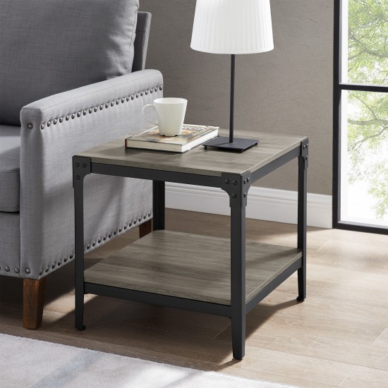 Angle Iron Rustic Wood End Side Table, Set of 2 - Slate Grey