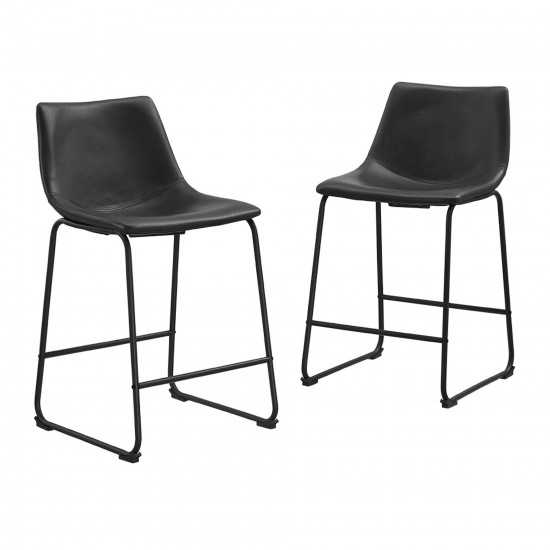 24" Industrial Faux Leather Counter Stools, Set of 2 - Black