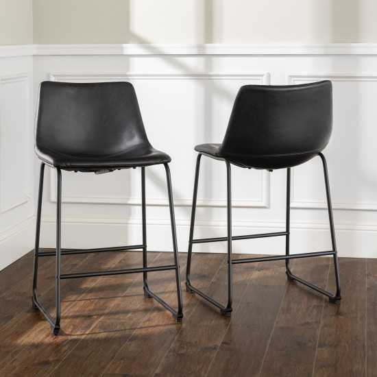 24" Industrial Faux Leather Counter Stools, Set of 2 - Black