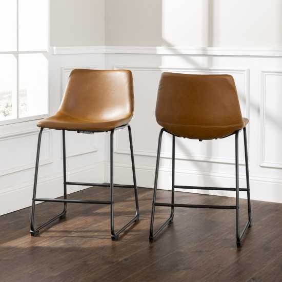 24" Industrial Faux Leather Counter Stools, Set of 2 - Whiskey Brown