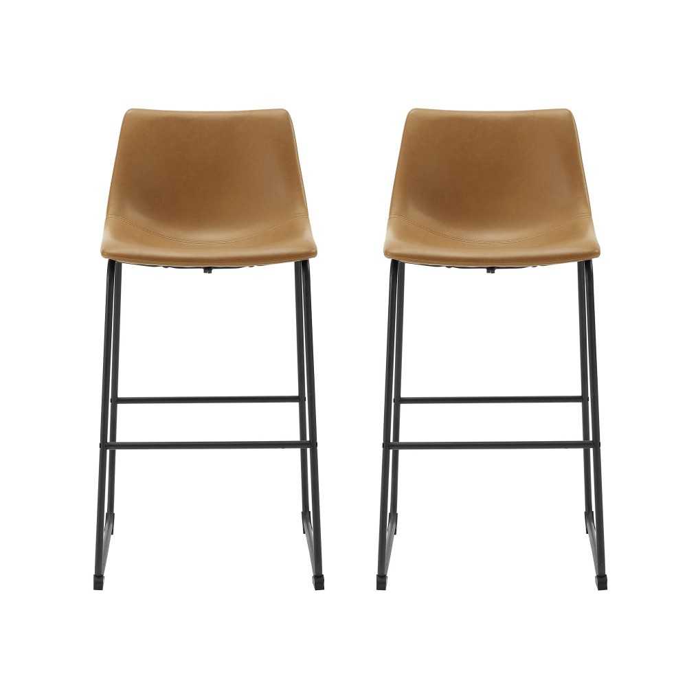 30" Industrial Faux Leather Barstools, Set of 2 - Whiskey Brown