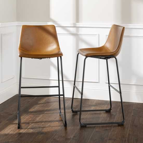 30" Industrial Faux Leather Barstools, Set of 2 - Whiskey Brown