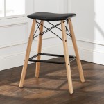 Mid Century Faux Leather Solid Wood Metal Kitchen Counter Height Stool - Black