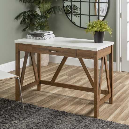 Wood Computer Desk with Drawer - Natural Walnut/Faux White Marble