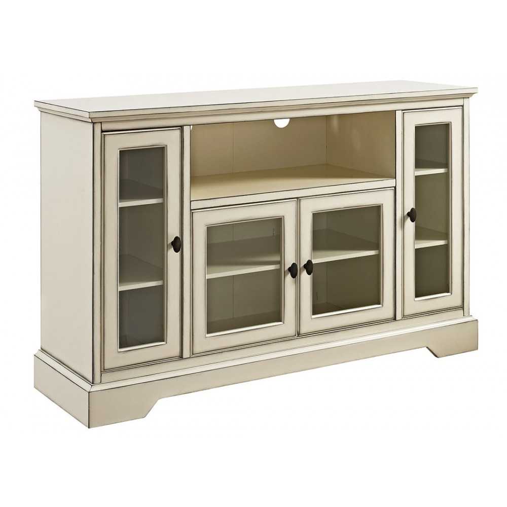 Highboy 52" Transitional Glass Wood TV Stand - Antique White