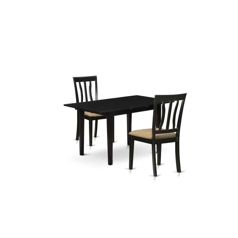 3-Pc Wood Dining Table Set 2 Wood Chairs, Butterfly Leaf Kitchen Table, Black