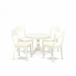 5Pc Dining Set,Small Table, 4 Faux Leather Chairs, Slat Back, Linen White Finish