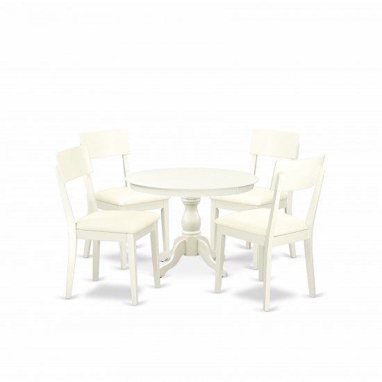 5Pc Dining Set,Small Table, 4 Faux Leather Chairs, Slat Back, Linen White Finish