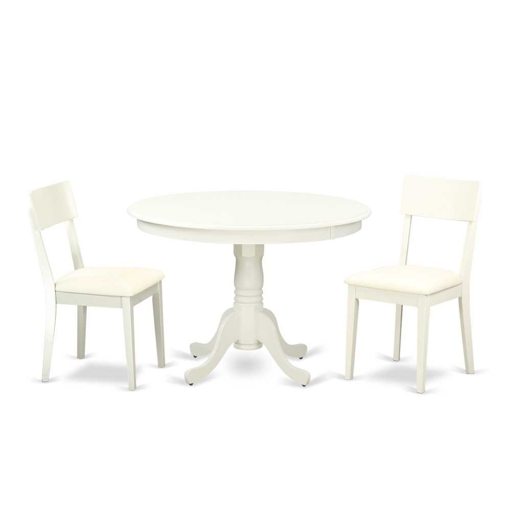 3 Pc Hartland Set, One Round 42In Dinette Table, Two Dinette Chairs, Faux Leather Seat In A Linen White Finish.