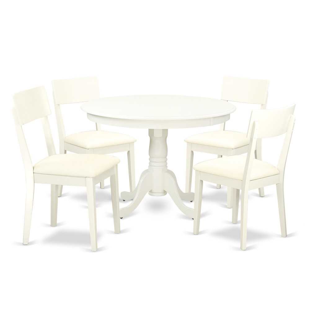 5Pc Hartland Set, One Dining Table, Four Faux Leather Seat Dinette Chairs In Linen White Finish.