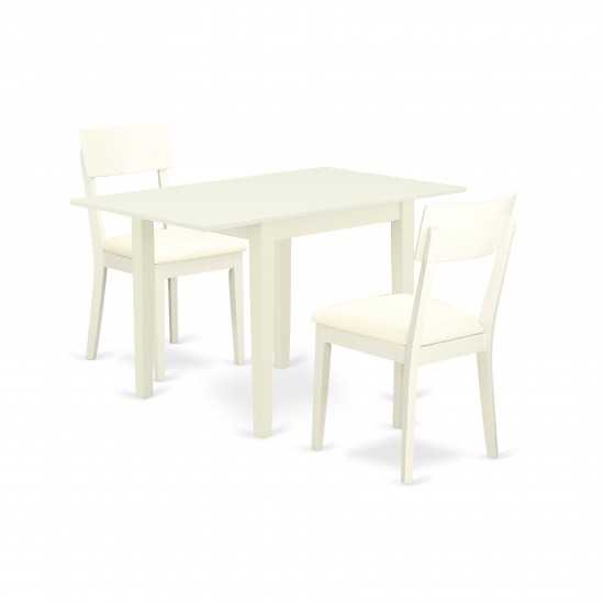 Wooden Dining Set 3 Pc, Two Chairs, Table, Linen White Finish Wood, Linen White Color Faux Leather