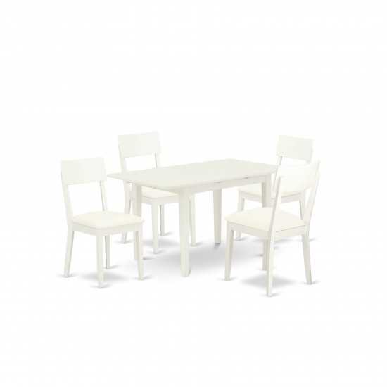 5Pc Dinette Set 4 Chairs, Faux Leather Seat, Butterfly Leaf Table, Linen White