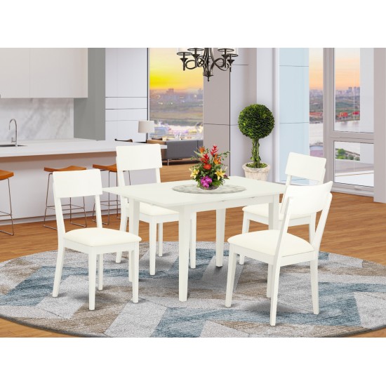 5Pc Dinette Set 4 Chairs, Faux Leather Seat, Butterfly Leaf Table, Linen White