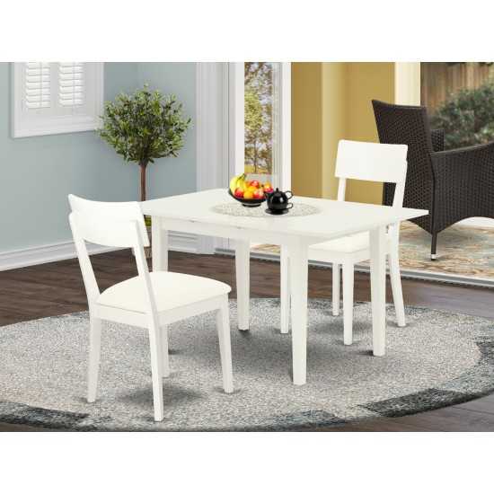 3-Pc Dining Set 2 Chairs, Faux Leather Seat, Butterfly Leaf Table, Linen White