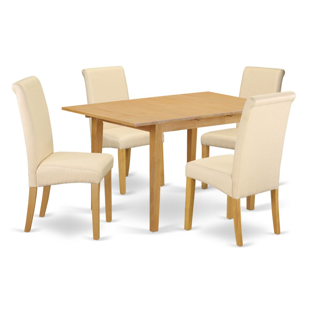 5Pc Kitchen Table With Linen Beige Fabric Parson Chairs With Oak Chair Legs