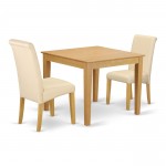 3Pc Square Table With Linen Beige Fabric Parson Chairs With Oak Chair Legs