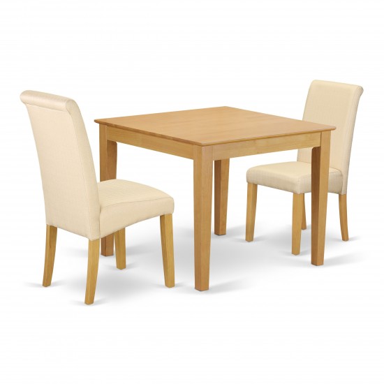 3Pc Square Table With Linen Beige Fabric Parson Chairs With Oak Chair Legs