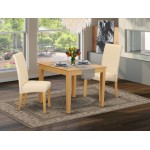 3Pc Square Table With Linen Beige Fabric Parson Chairs With Oak Chair Legs