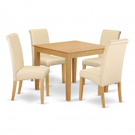 5Pc Square Table With Linen Beige Fabric Kitchen Chairs With Oak Chair Legs