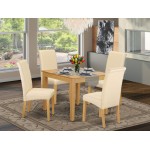 5Pc Square Table With Linen Beige Fabric Kitchen Chairs With Oak Chair Legs