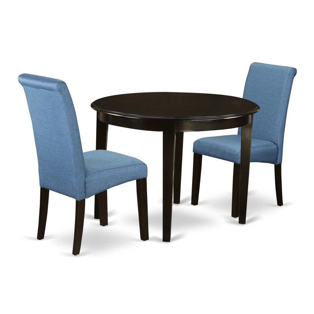 3Pc Small Round Table, Linen Blue Fabric Parson Chairs, Cappuccino Chair Legs