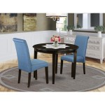 3Pc Small Round Table, Linen Blue Fabric Parson Chairs, Cappuccino Chair Legs