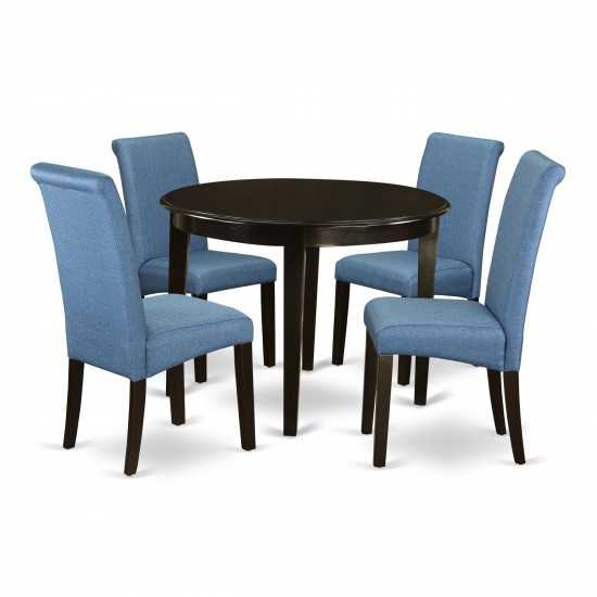 5Pc Small Round Kitchen Table, Blue Fabric Parson Chairs, Cappuccino Chair Legs