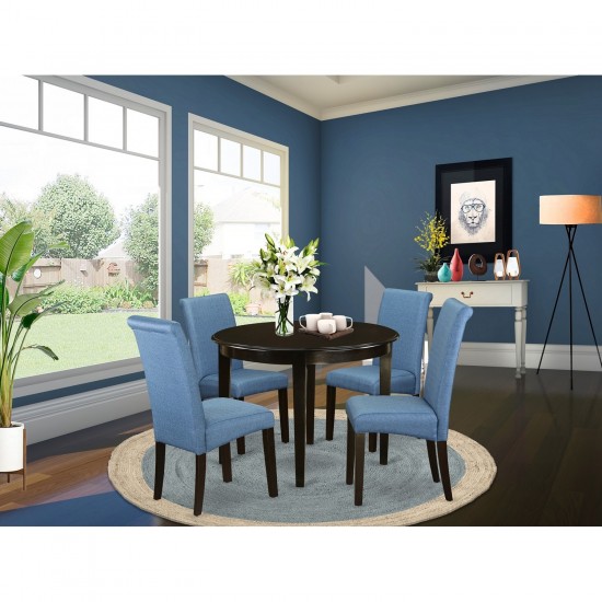 5Pc Small Round Kitchen Table, Blue Fabric Parson Chairs, Cappuccino Chair Legs